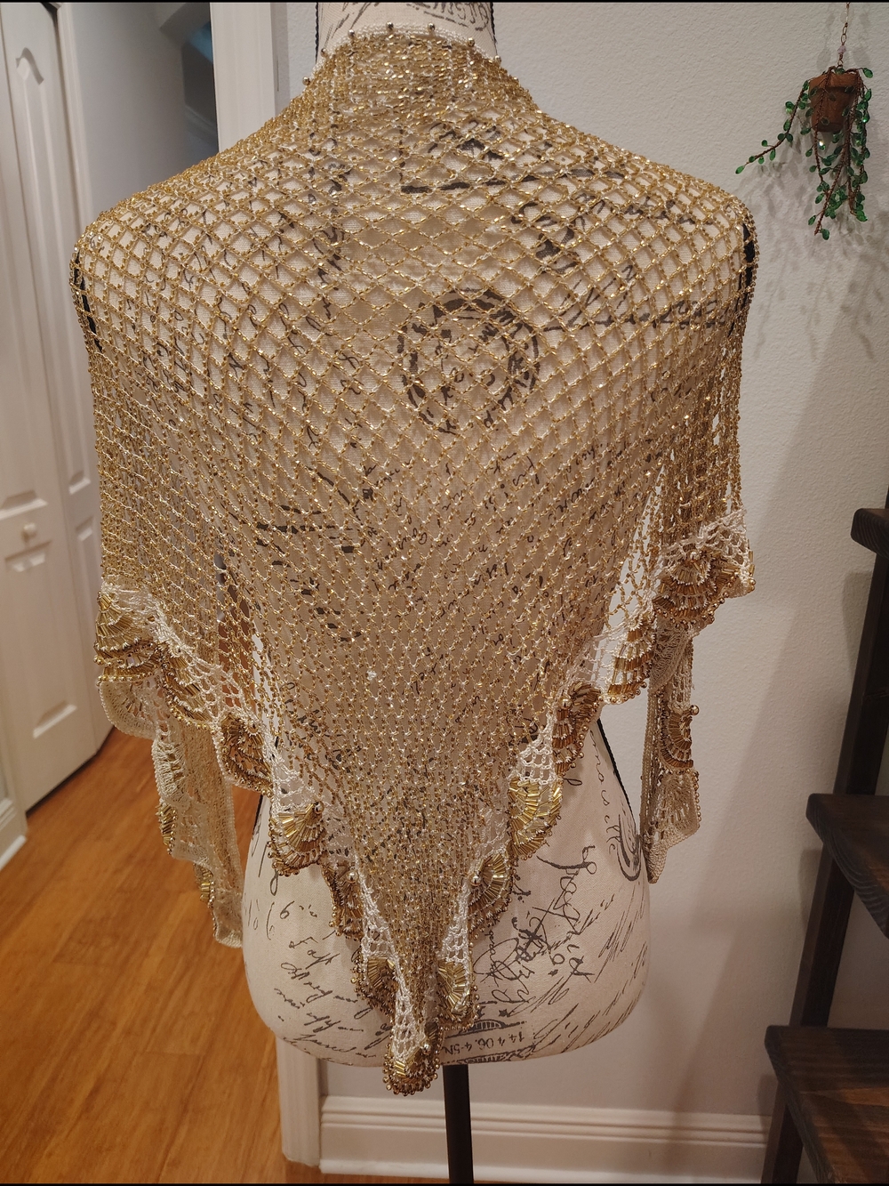 Vintage Gold Beaded Crochet Triangle Shawl